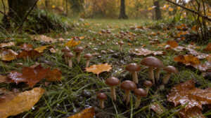 Pelouse de jardin en automne avec de petits champignons bruns, des feuilles mortes et une lumière douce après la pluie.