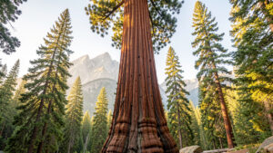 Séquoia géant monumental vu depuis le sol dans une forêt claire de montagne, avec un immense tronc à l’écorce rouge-brun éclairé par la douce lumière du matin.