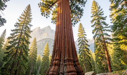 Séquoia géant monumental vu depuis le sol dans une forêt claire de montagne, avec un immense tronc à l’écorce rouge-brun éclairé par la douce lumière du matin.