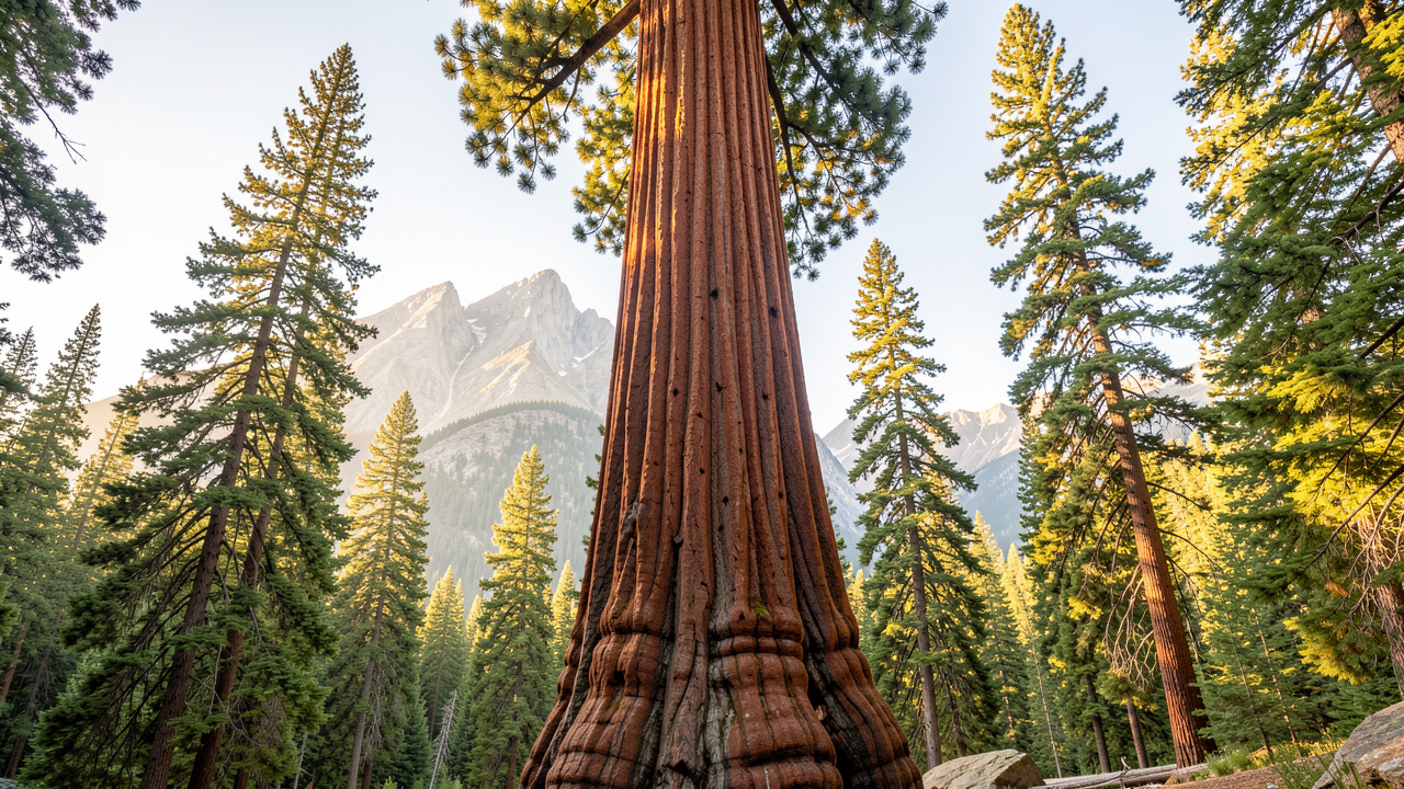 Séquoia géant monumental vu depuis le sol dans une forêt claire de montagne, avec un immense tronc à l’écorce rouge-brun éclairé par la douce lumière du matin.