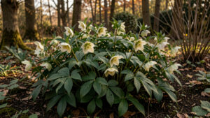 Touffe d’hellébores en fleurs dans un massif ombragé, entourée de feuillage vert sombre sous une lumière douce de début d’automne.
