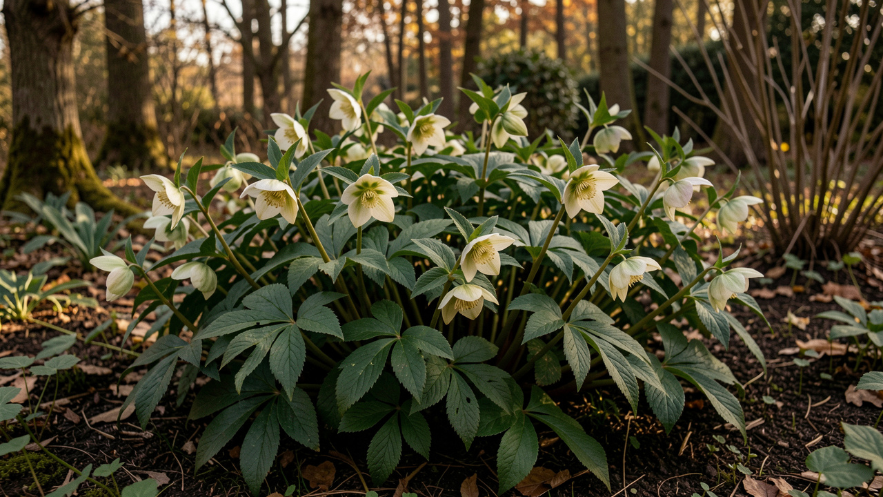 Touffe d’hellébores en fleurs dans un massif ombragé, entourée de feuillage vert sombre sous une lumière douce de début d’automne.